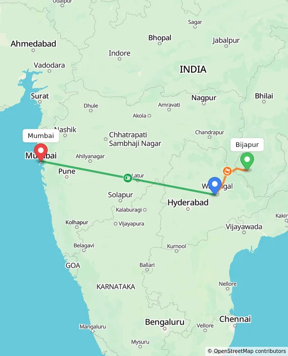 Route map showing distance and travel time from Bijapur, India to Mumbai, India