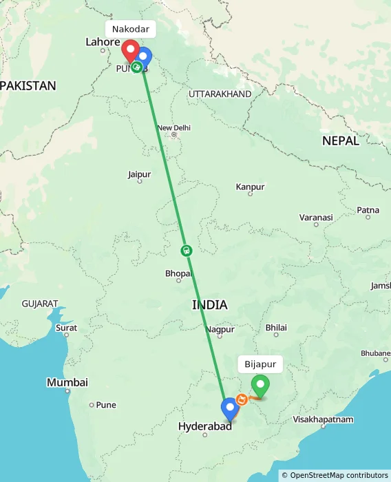 Route map showing distance and travel time from Bijapur, India to Nakodar, India