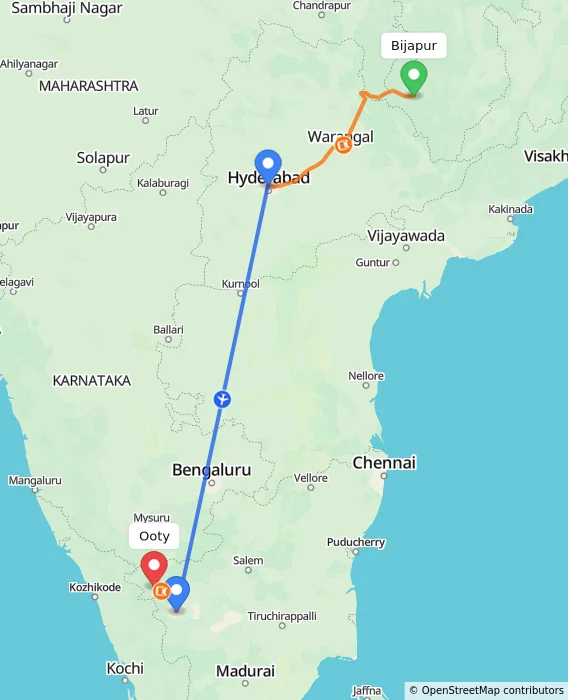 Route map showing distance and travel time from Bijapur, India to Ooty, India
