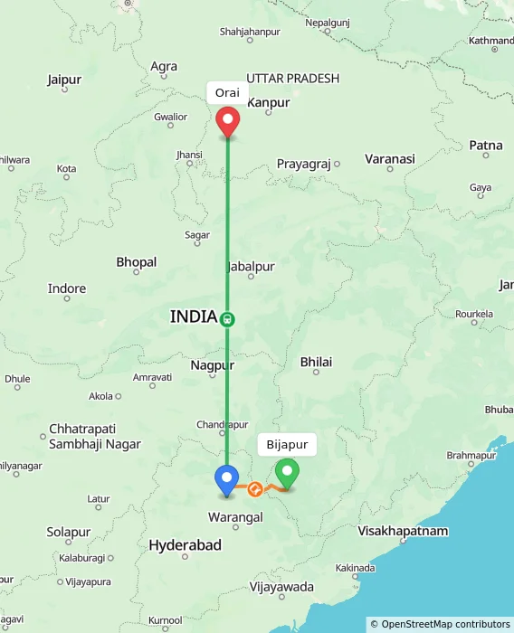 Route map showing distance and travel time from Bijapur, India to Orai, India