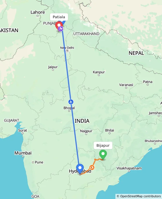 Route map showing distance and travel time from Bijapur, India to Patiala, India