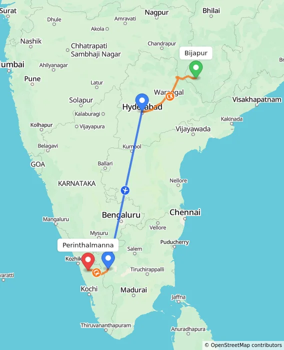 Route map showing distance and travel time from Bijapur, India to Perinthalmanna, India
