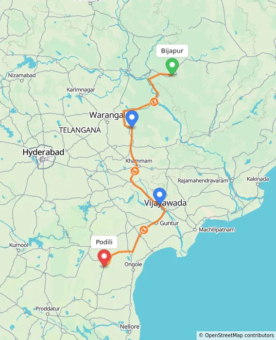 Route map showing distance and travel time from Bijapur, India to Podili, India