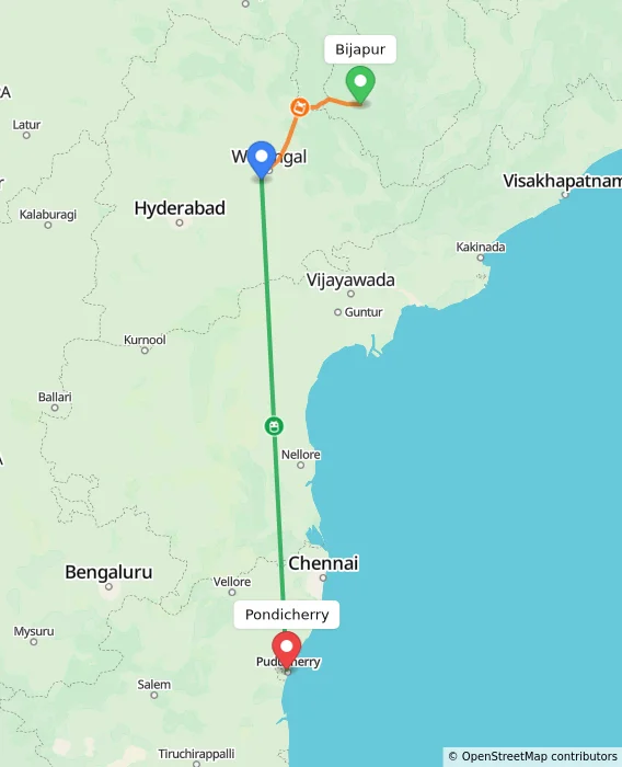 Route map showing distance and travel time from Bijapur, India to Pondicherry, India