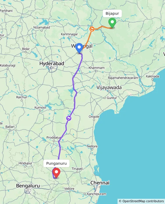 Route map showing distance and travel time from Bijapur, India to Punganuru, India