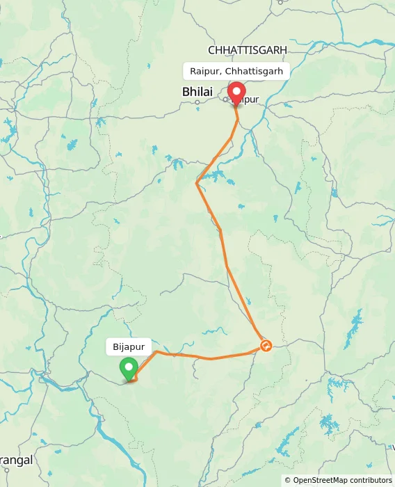 Route map showing distance and travel time from Bijapur, India to Raipur, Chhattisgarh, India
