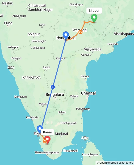 Route map showing distance and travel time from Bijapur, India to Ranni, India