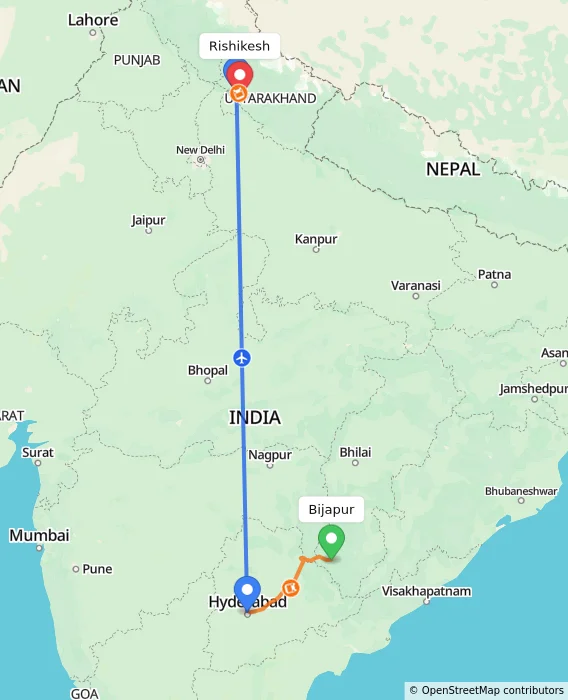 Route map showing distance and travel time from Bijapur, India to Rishikesh, India