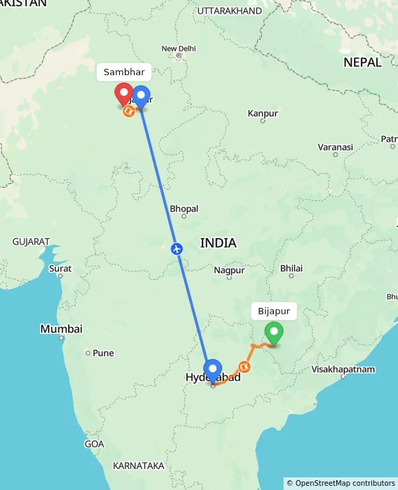 Route map showing distance and travel time from Bijapur, India to Sambhar, India