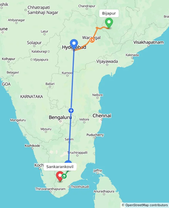 Route map showing distance and travel time from Bijapur, India to Sankarankovil, India