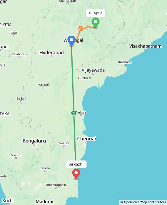 Route map showing distance and travel time from Bijapur, India to Sirkazhi, India