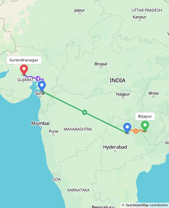Route map showing distance and travel time from Bijapur, India to Surendranagar, India