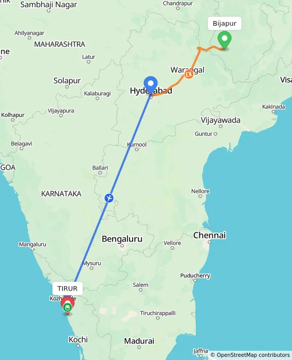 Route map showing distance and travel time from Bijapur, India to TIRUR, India
