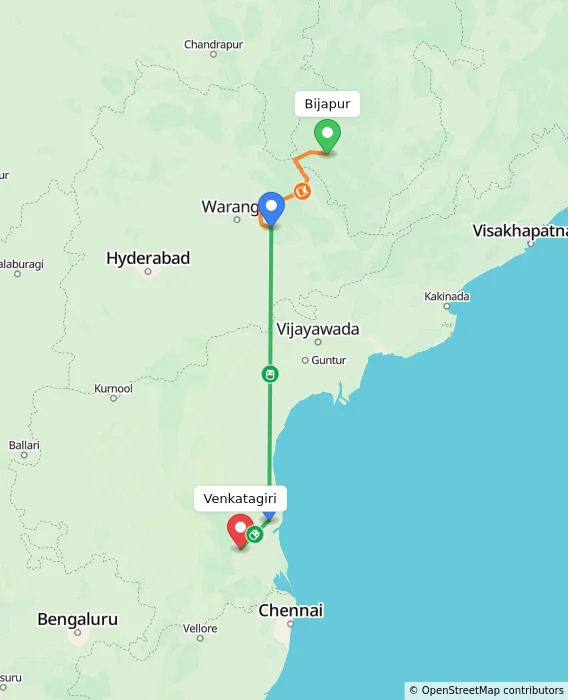 Route map showing distance and travel time from Bijapur, India to Venkatagiri, India