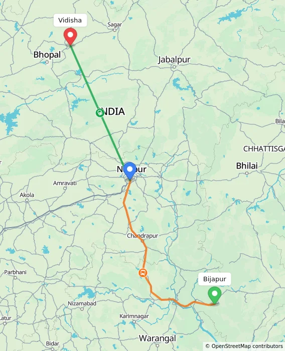 Route map showing distance and travel time from Bijapur, India to Vidisha, India