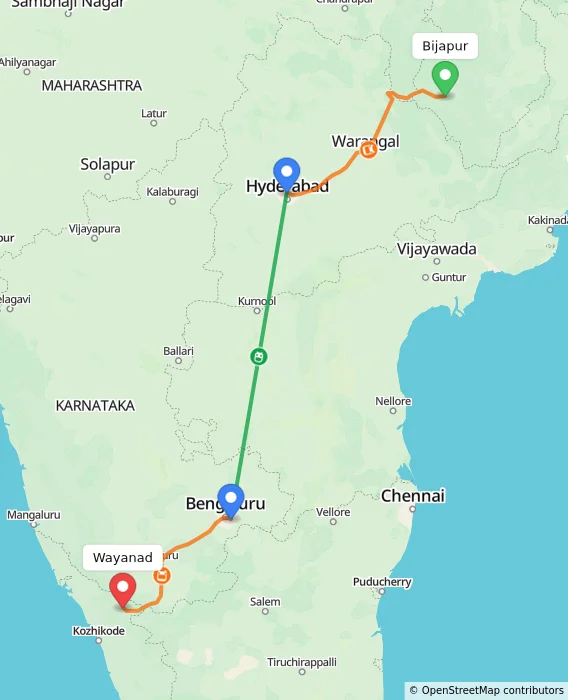 Route map showing distance and travel time from Bijapur, India to Wayanad, India