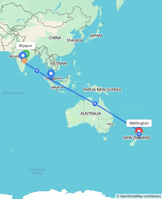 Route map showing distance and travel time from Bijapur, India to Wellington, New Zealand