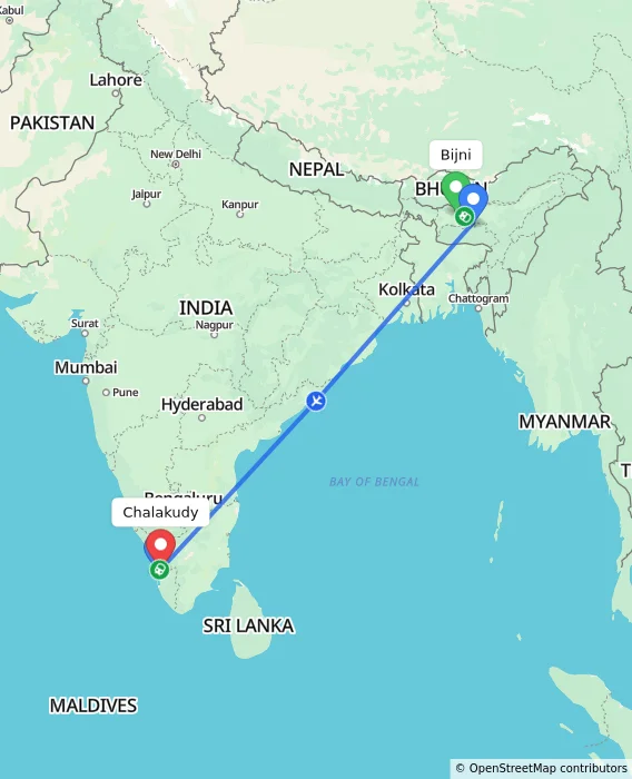 Route map showing distance and travel time from Bijni, India to Chalakudy, India