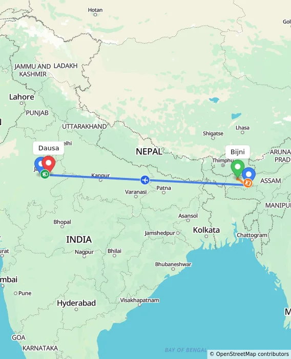 Route map showing distance and travel time from Bijni, India to Dausa, India