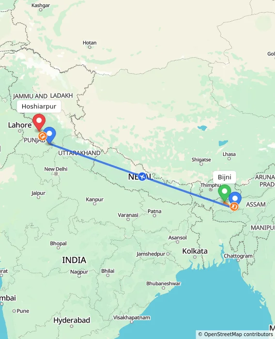Route map showing distance and travel time from Bijni, India to Hoshiarpur, India