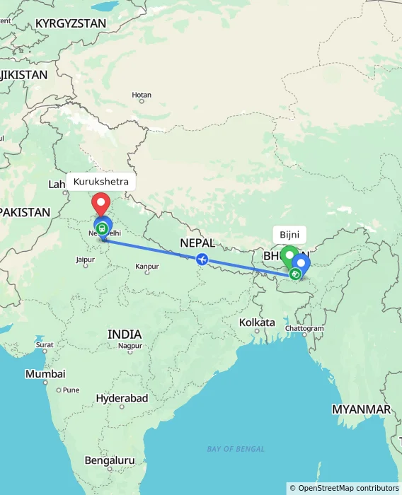 Route map showing distance and travel time from Bijni, India to Kurukshetra, India