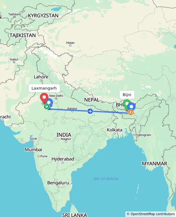 Route map showing distance and travel time from Bijni, India to Laxmangarh, India