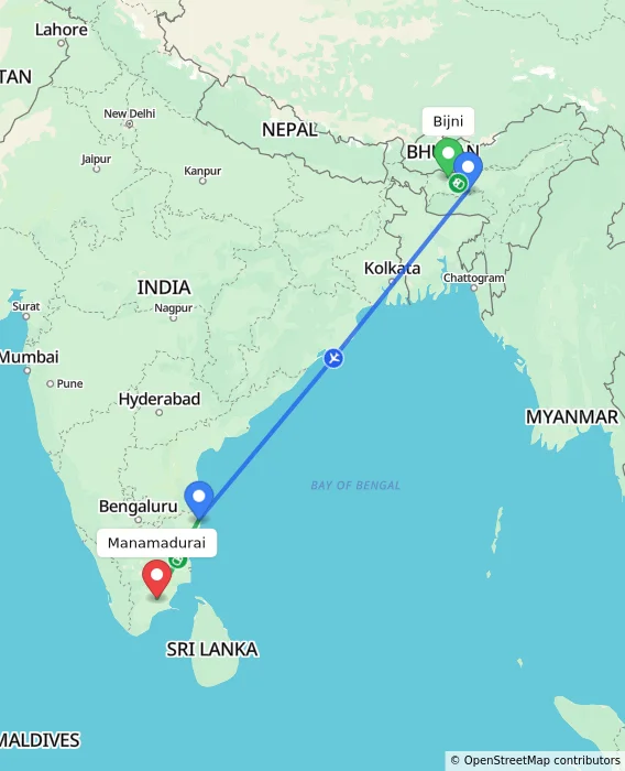 Route map showing distance and travel time from Bijni, India to Manamadurai, India