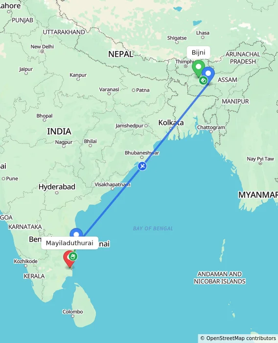 Route map showing distance and travel time from Bijni, India to Mayiladuthurai, India