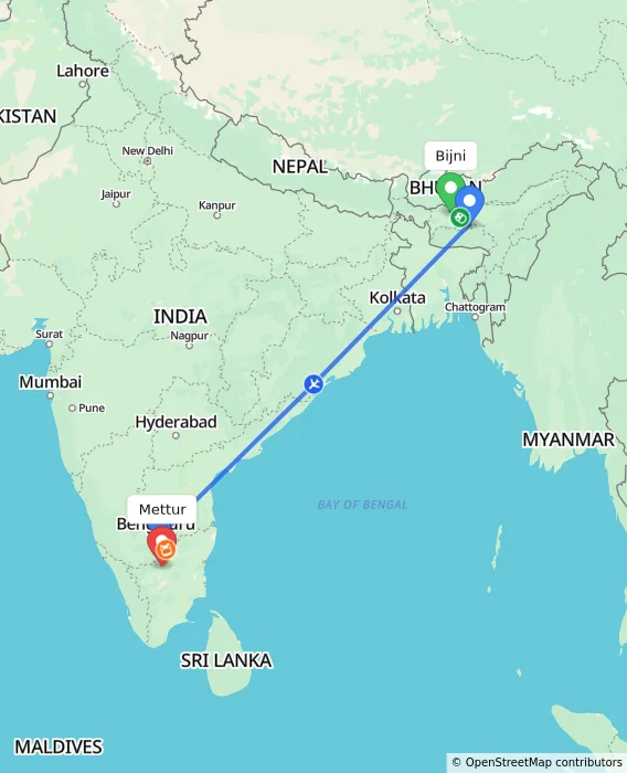 Route map showing distance and travel time from Bijni, India to Mettur, India