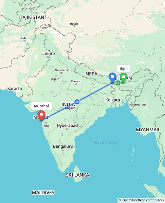 Route map showing distance and travel time from Bijni, India to Mumbai, India