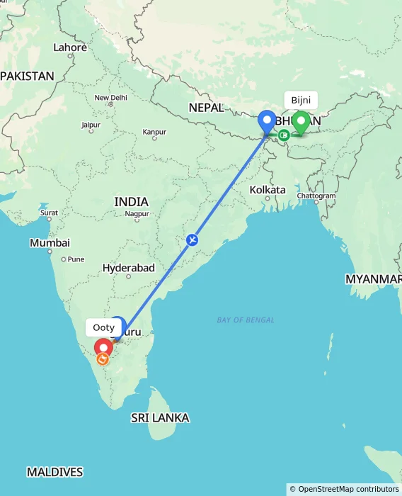 Route map showing distance and travel time from Bijni, India to Ooty, India