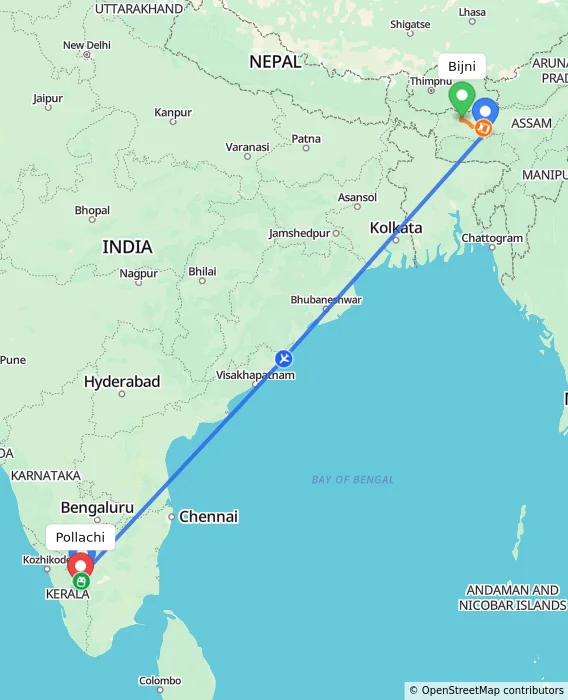 Route map showing distance and travel time from Bijni, India to Pollachi, India