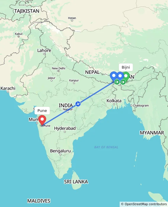 Route map showing distance and travel time from Bijni, India to Pune, India