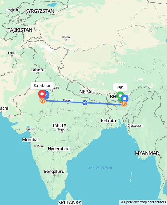 Route map showing distance and travel time from Bijni, India to Sambhar, India