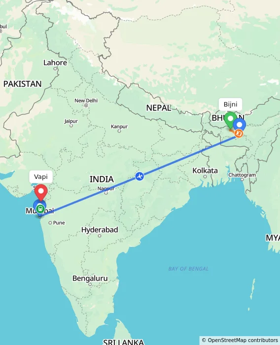 Route map showing distance and travel time from Bijni, India to Vapi, India