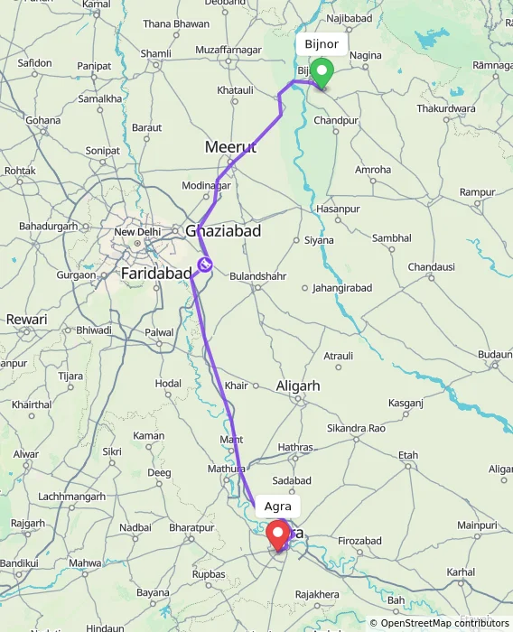 Route map showing distance and travel time from Bijnor, India to Agra, India
