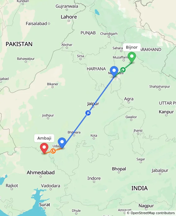 Route map showing distance and travel time from Bijnor, India to Ambaji, India