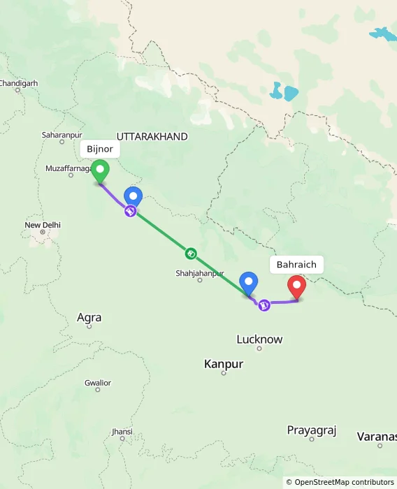 Route map showing distance and travel time from Bijnor, India to Bahraich, India