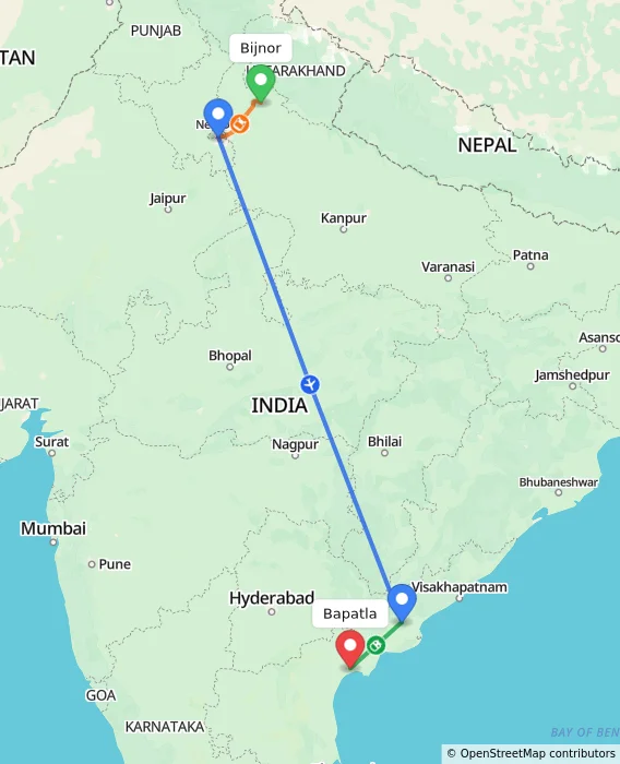 Route map showing distance and travel time from Bijnor, India to Bapatla, India