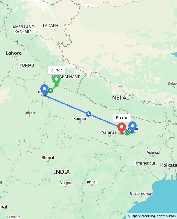 Route map showing distance and travel time from Bijnor, India to Buxar, India