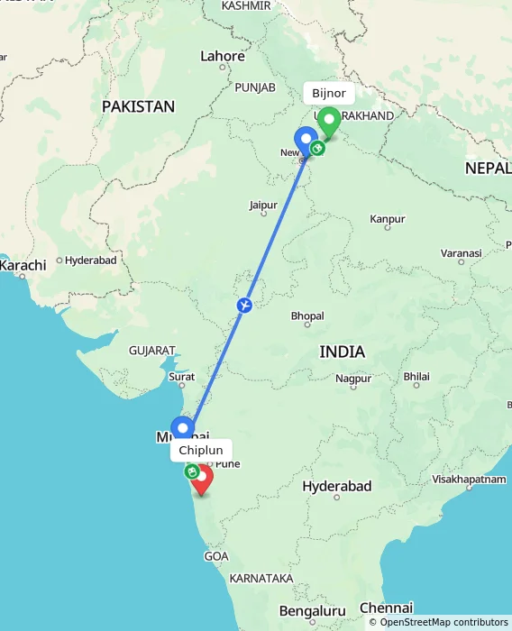 Route map showing distance and travel time from Bijnor, India to Chiplun, India