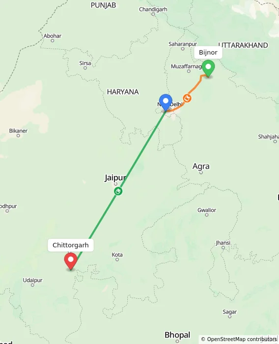 Route map showing distance and travel time from Bijnor, India to Chittorgarh, India