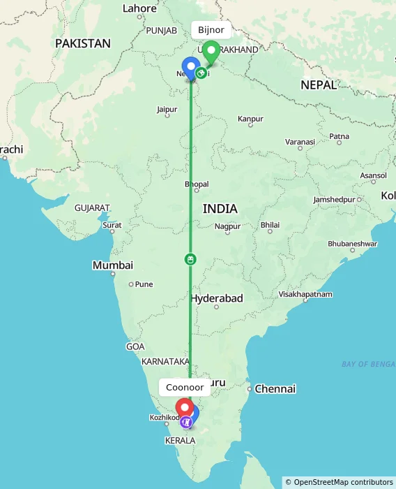 Route map showing distance and travel time from Bijnor, India to Coonoor, India