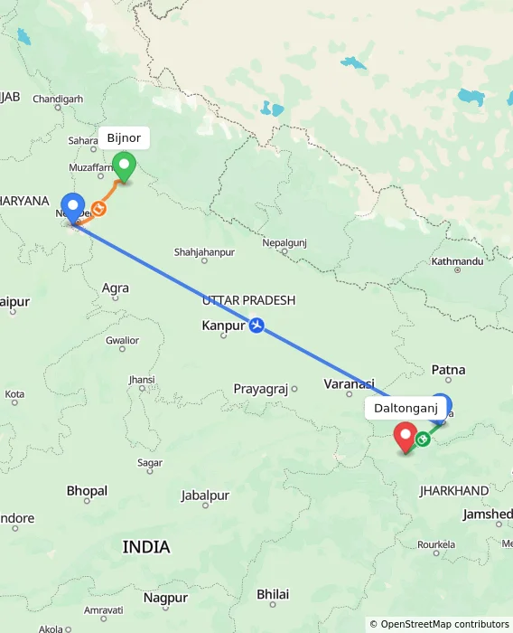 Route map showing distance and travel time from Bijnor, India to Daltonganj, India