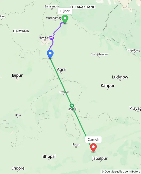 Route map showing distance and travel time from Bijnor, India to Damoh, India