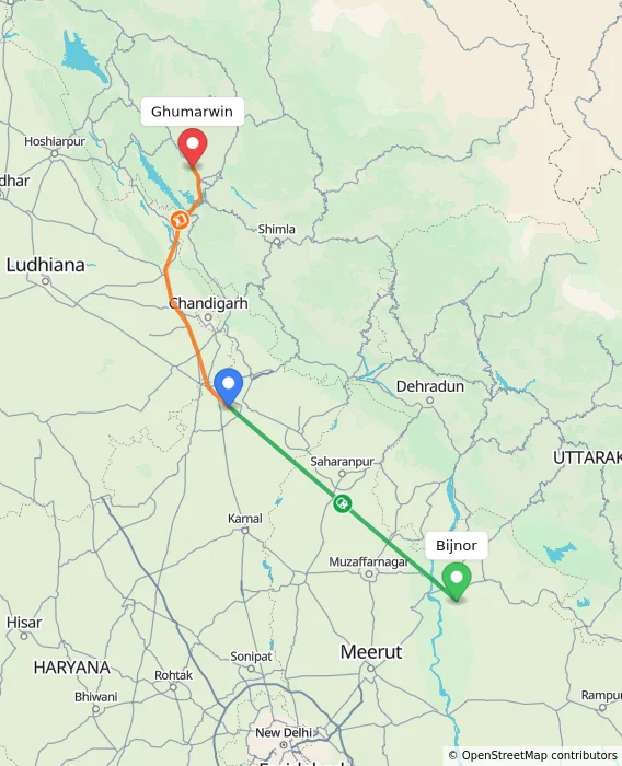 Route map showing distance and travel time from Bijnor, India to Ghumarwin, India