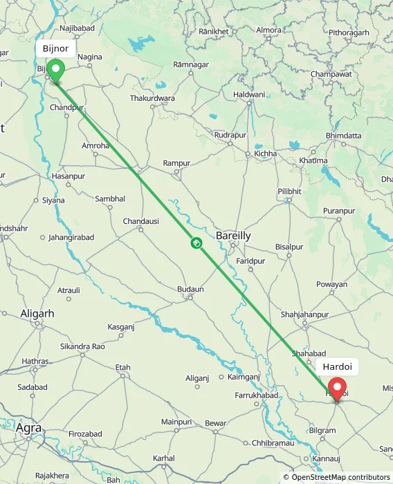 Route map showing distance and travel time from Bijnor, India to Hardoi, India