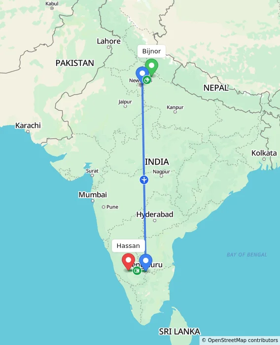 Route map showing distance and travel time from Bijnor, India to Hassan, India