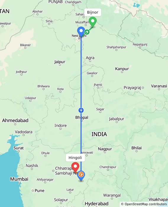 Route map showing distance and travel time from Bijnor, India to Hingoli, India