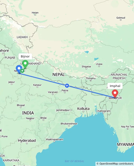 Route map showing distance and travel time from Bijnor, India to Imphal, India